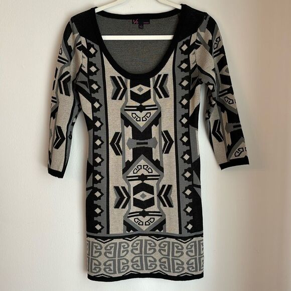 Women’s Tribal Aztec artsy crew neck sweater dress tunic 3/4 sleeve knit size S - Picture 1 of 8